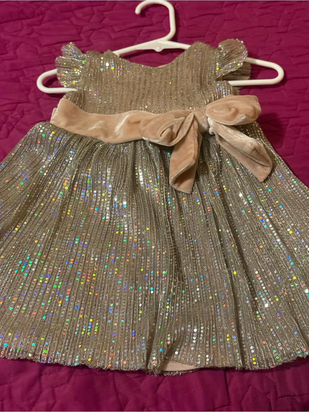 Girls Gold Velvet Bow Sequin Party Dress